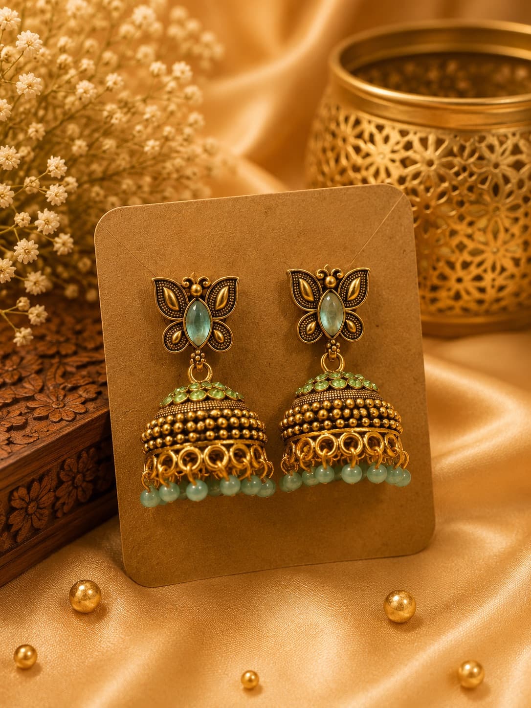 Antique Style Green Beaded Jhumkas