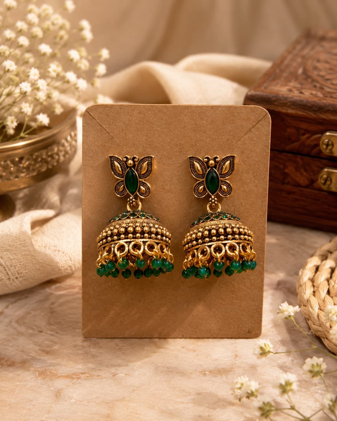 Antique Style Green Beaded Jhumkas