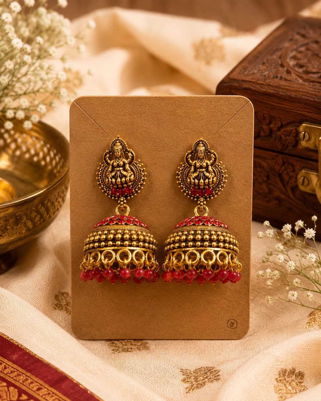 Antique Style Red Beaded Jhumkas