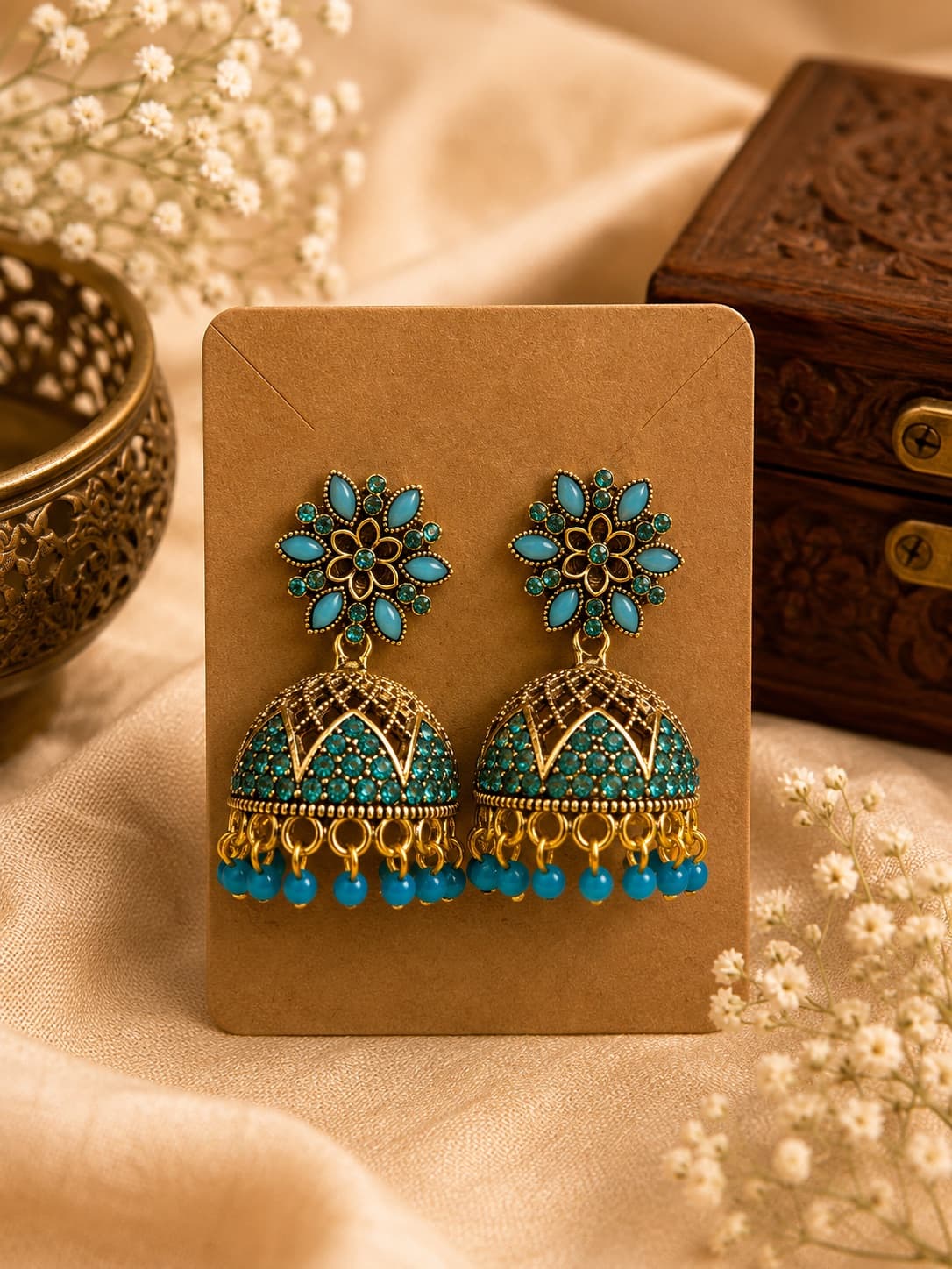 Antique Style Blue Beaded Jhumkas