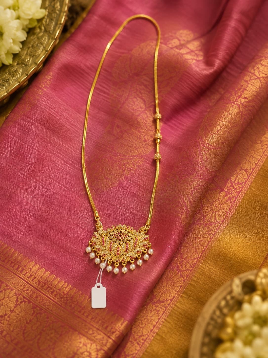 Pink And White Stone Work Lotus Pathakam With Chain