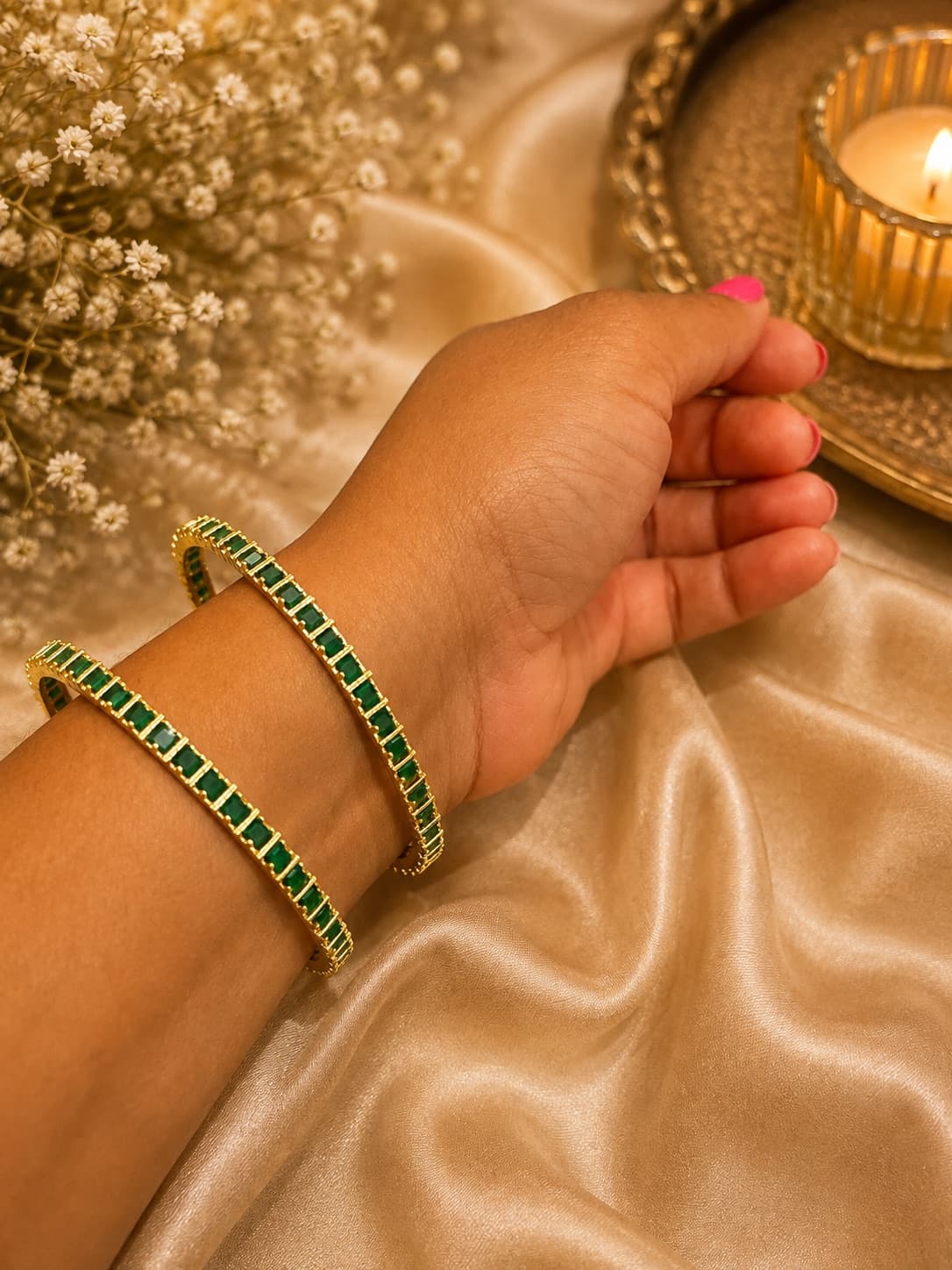 Emerald Green Stone Gold Bangles