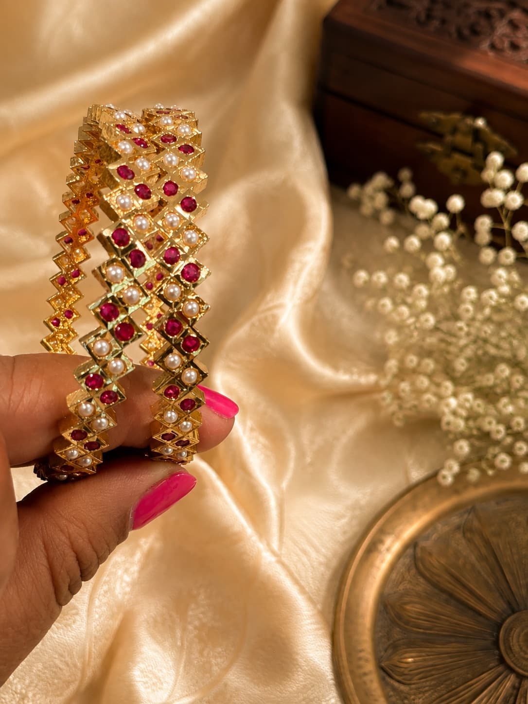 Gold Plated Ruby And Pearl Bangles