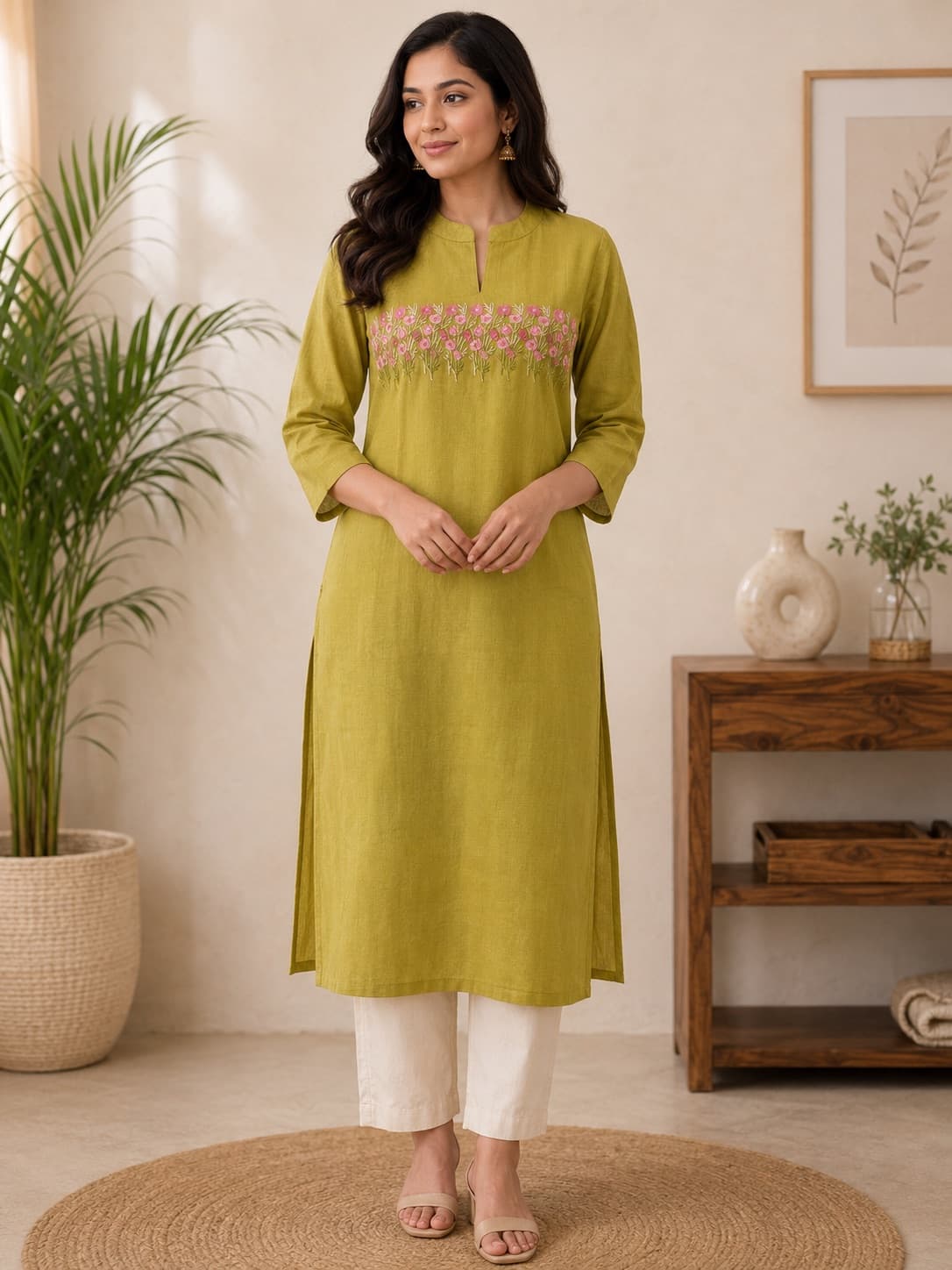 Olive Green Straight-Cut Kurti Top in Cotton