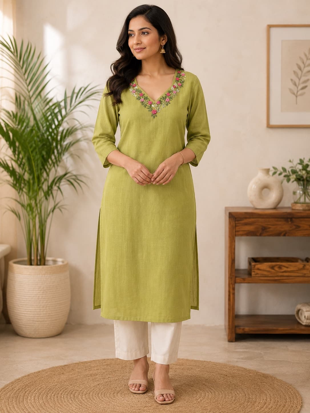 Elegant Olive Green Straight-Cut Kurti Top in Cotton
