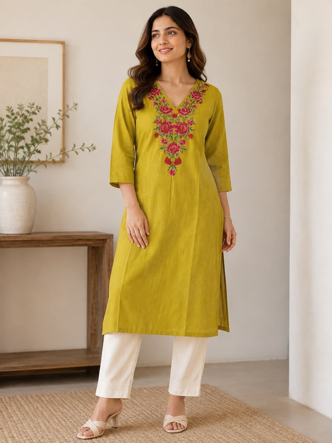 Olive Green Straight-Cut Kurti With Heavy Thread Work Top in Cotton