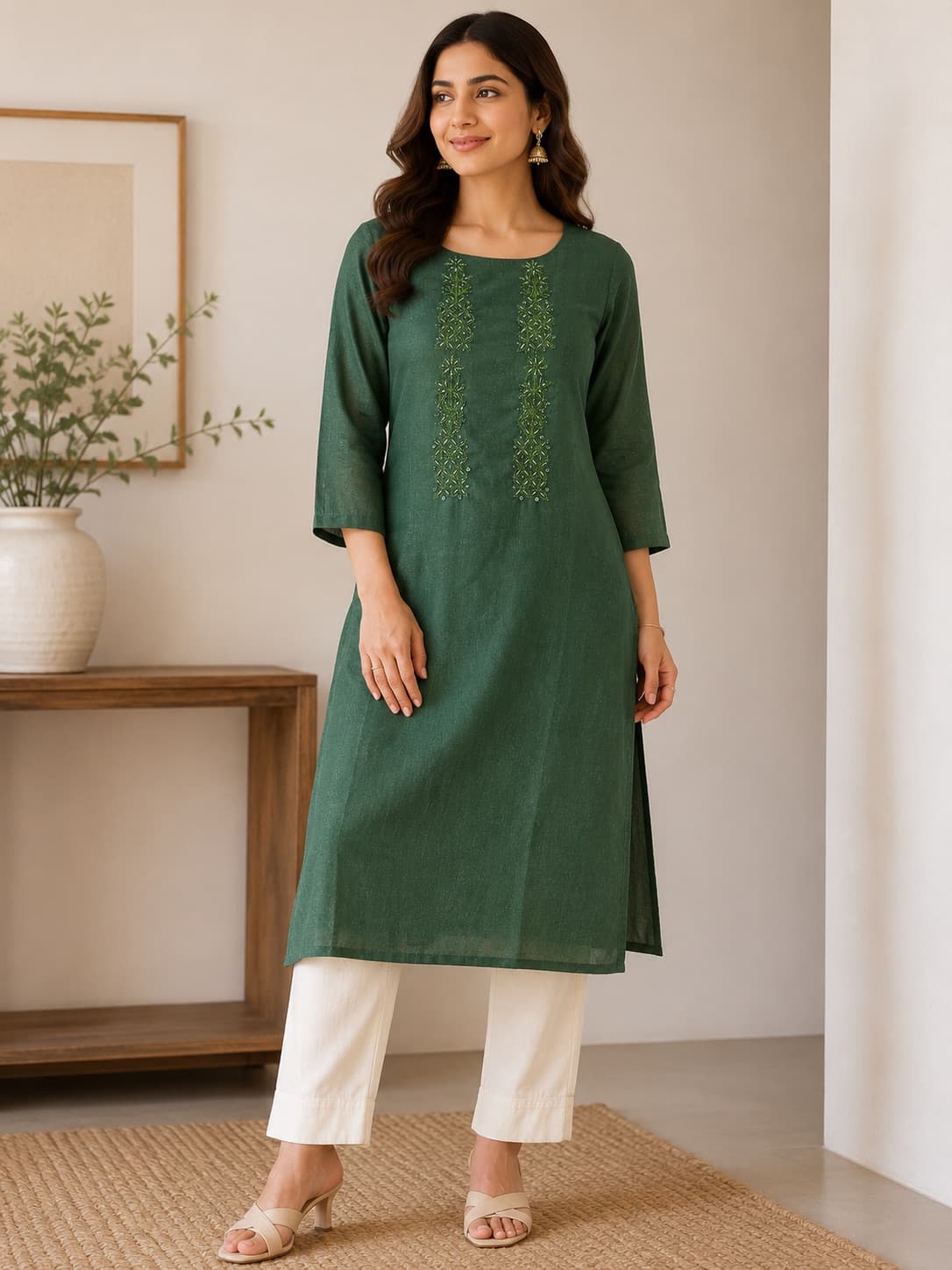Dark Green Straight-Cut Kurti in Viscose
