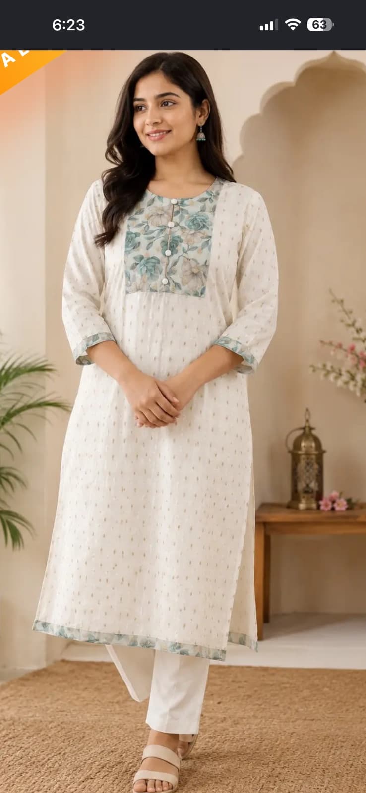 Straight Cut Soft Cream With Floral Yoke Kurti in Cotton