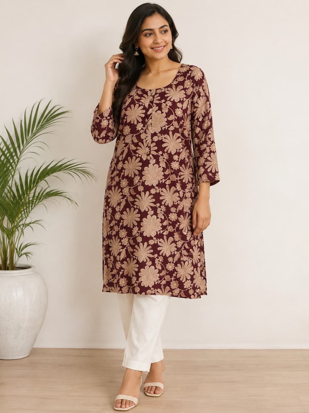 Brown Printed Straight-Cut Kurti in Silk Cotton