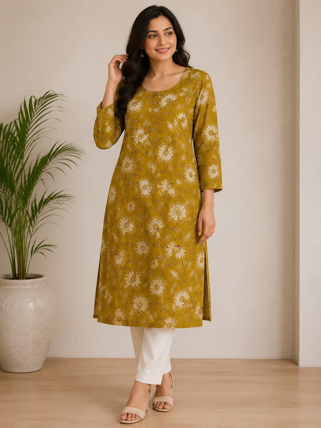Mustard Floral Printed Straight-Cut Kurti in Silk Cotton