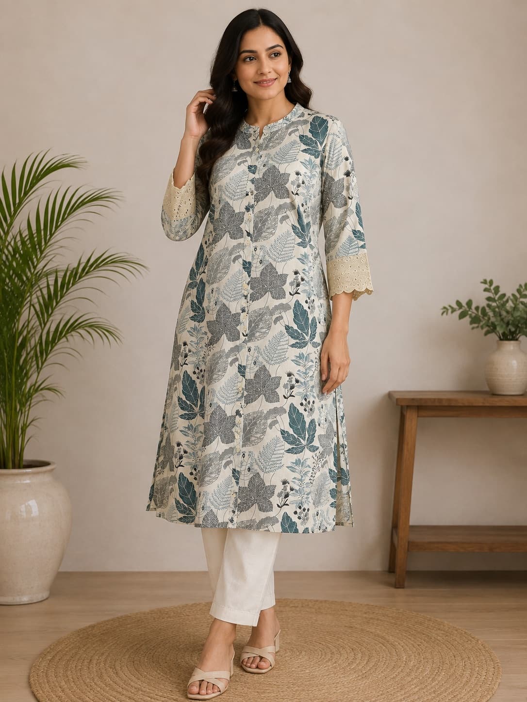 Soft Cotton Printed Kurti – Button-Down Style in Cream Base With Teal & Grey