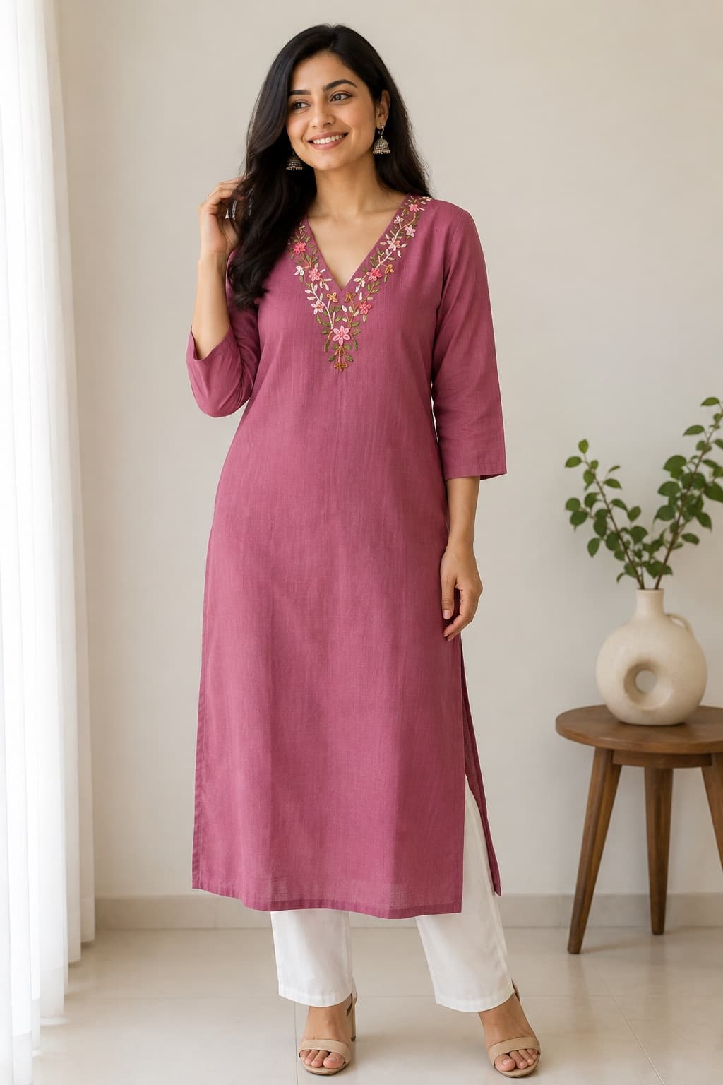 Pink Straight Cut Embroidered Kurti in Cotton Silk