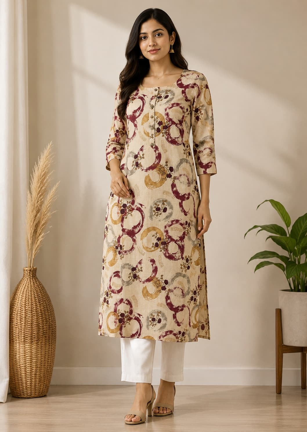 Printed Straight-Cut Cotton Kurti – Cream Base