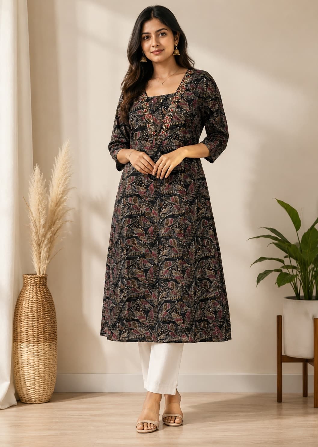 Elegant Black Printed Kurti – With Embroidered Neckline in Cotton Silk
