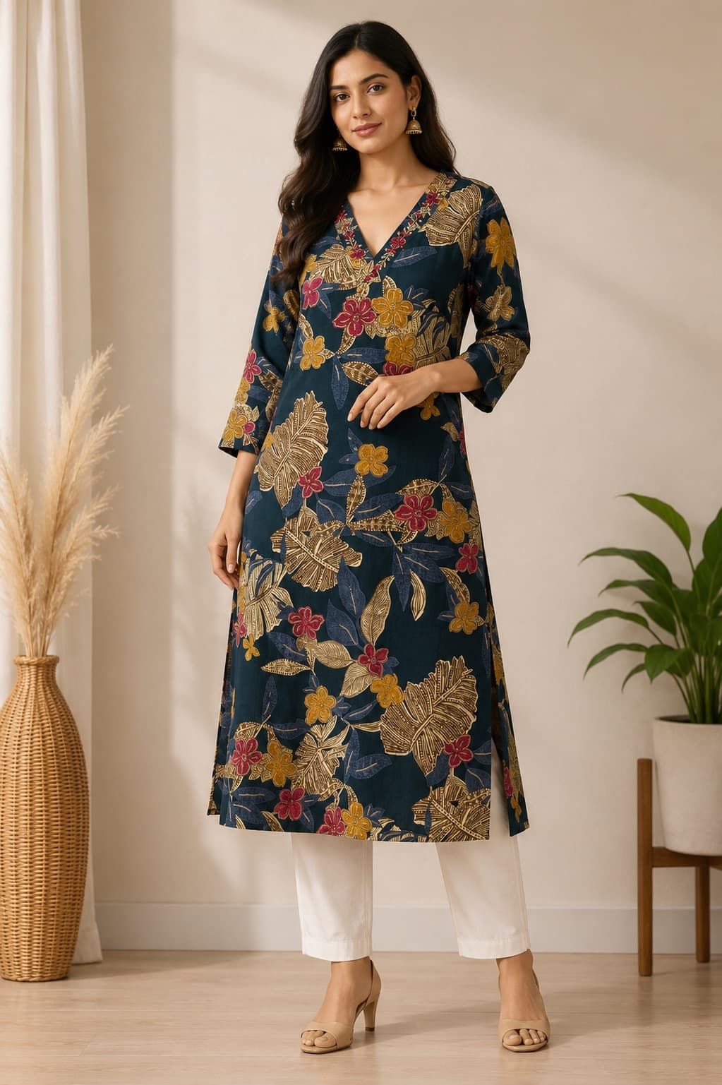 Navy Blue Floral Printed Kurti With Neck Embroidery in Cotton
