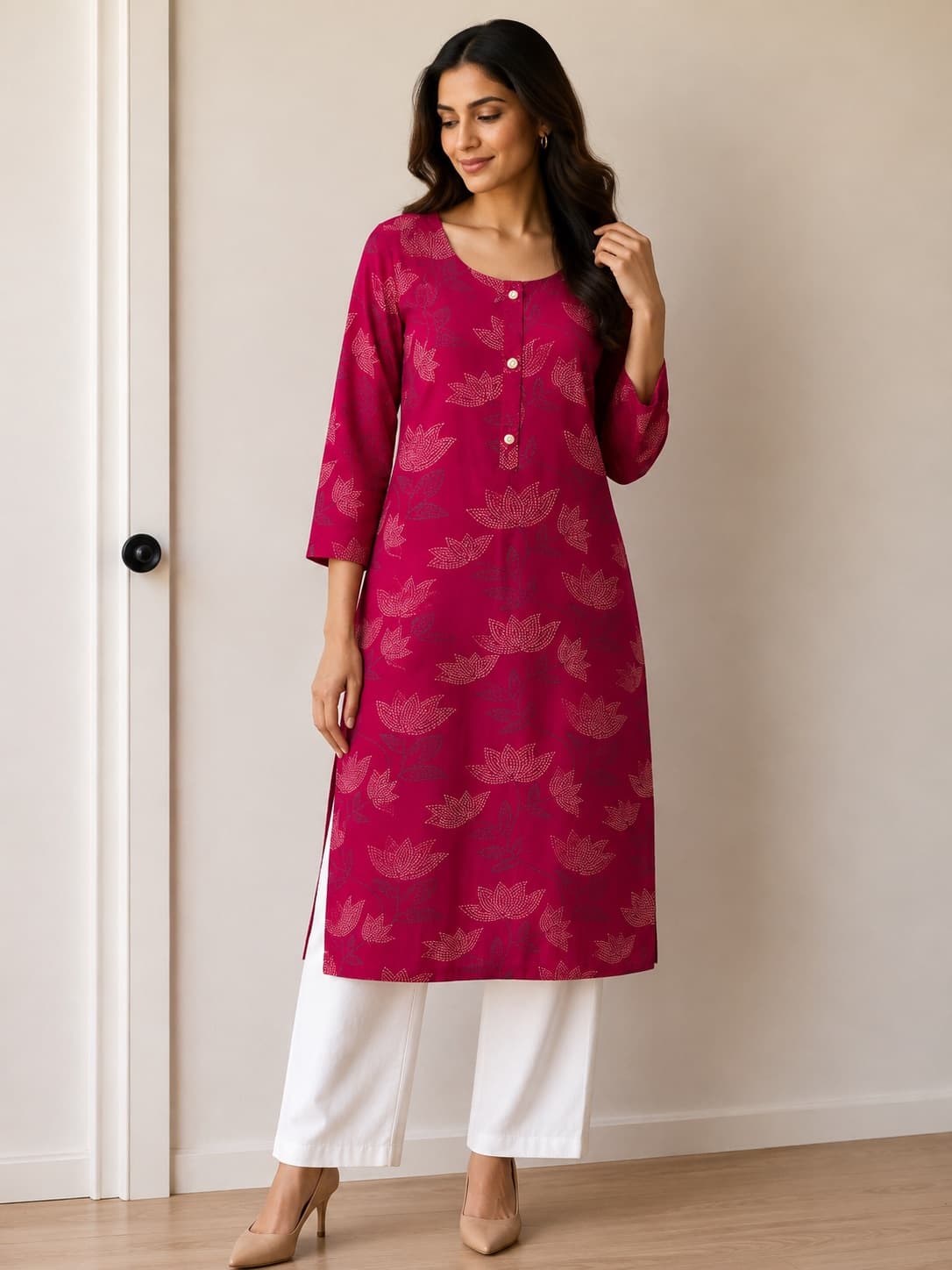 Rani Pink Printed Straight-Cut Kurti in Cotton