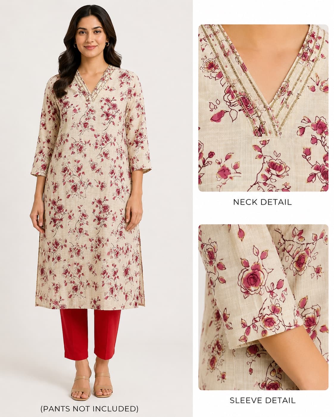 Floral Beige Kurti With Bead-Work Neckline in Cotton Silk