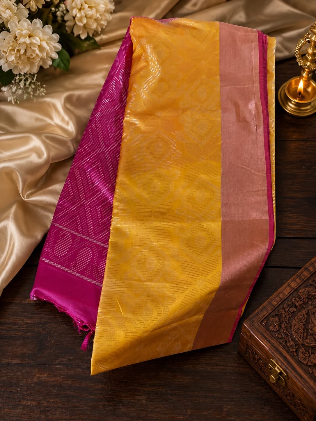 Yellow Soft Silk Saree With Pink
