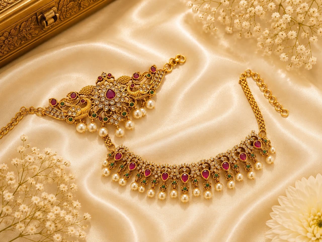 Intricate Gold Tone Ruby Emerald Pearl Choker Necklace