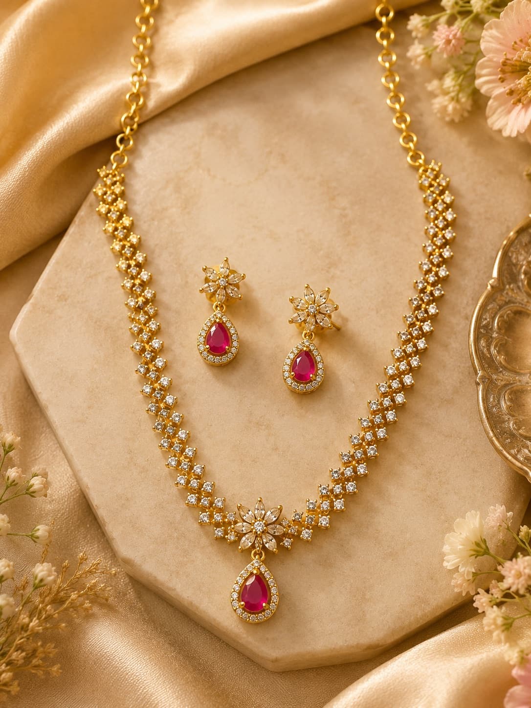 Elegant Zircon-Studded Gold And White Necklace Set