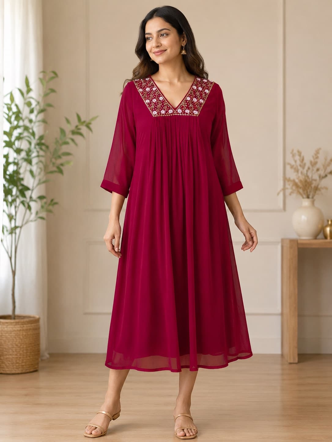 Elegant Red Flared Kurti With Heavy Neck Work in Georgette