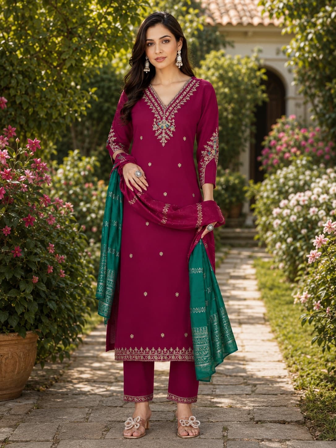 Rani Pink Embroidered Partywear Kurti Set in Semi Silk