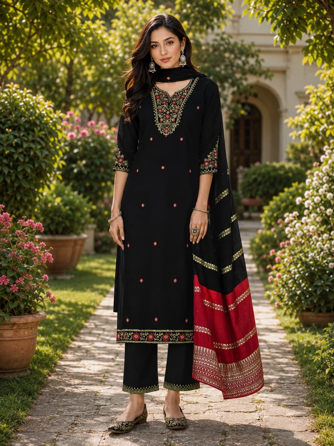 Elegant Black Embroidered Kurti Set in Cotton Silk