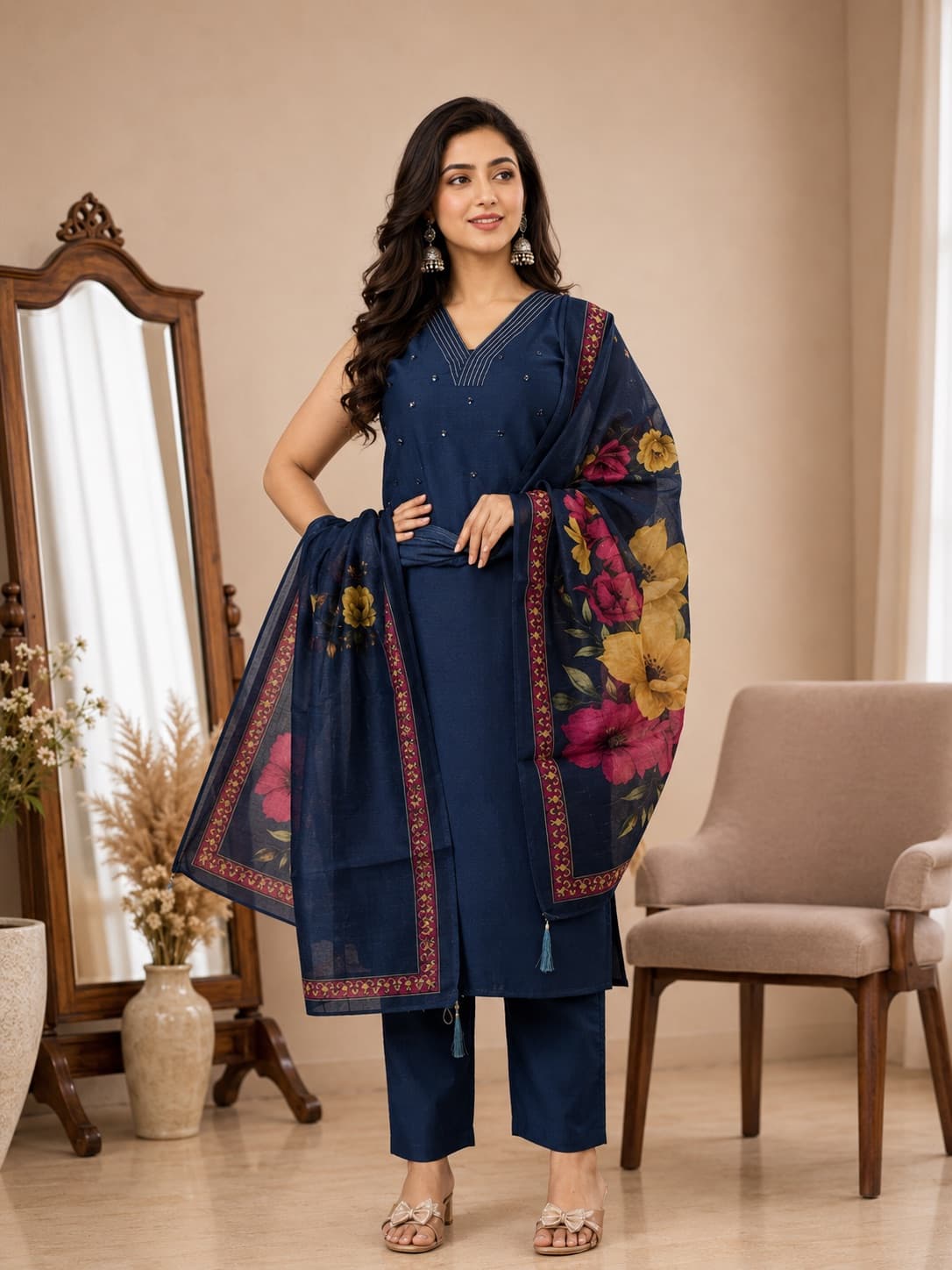 Blue VeticáN Kurti Set With Chanderi Digital Dupatta (With Pocket) in Cotton Silk