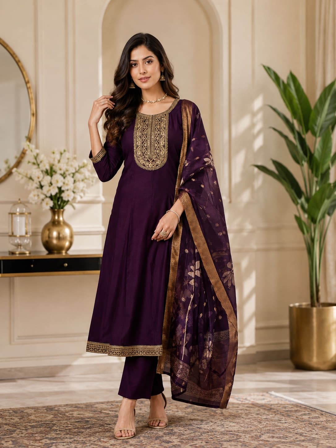 Anarkali Kurti With Pant Dupatta Set in Purple, Cotton Silk