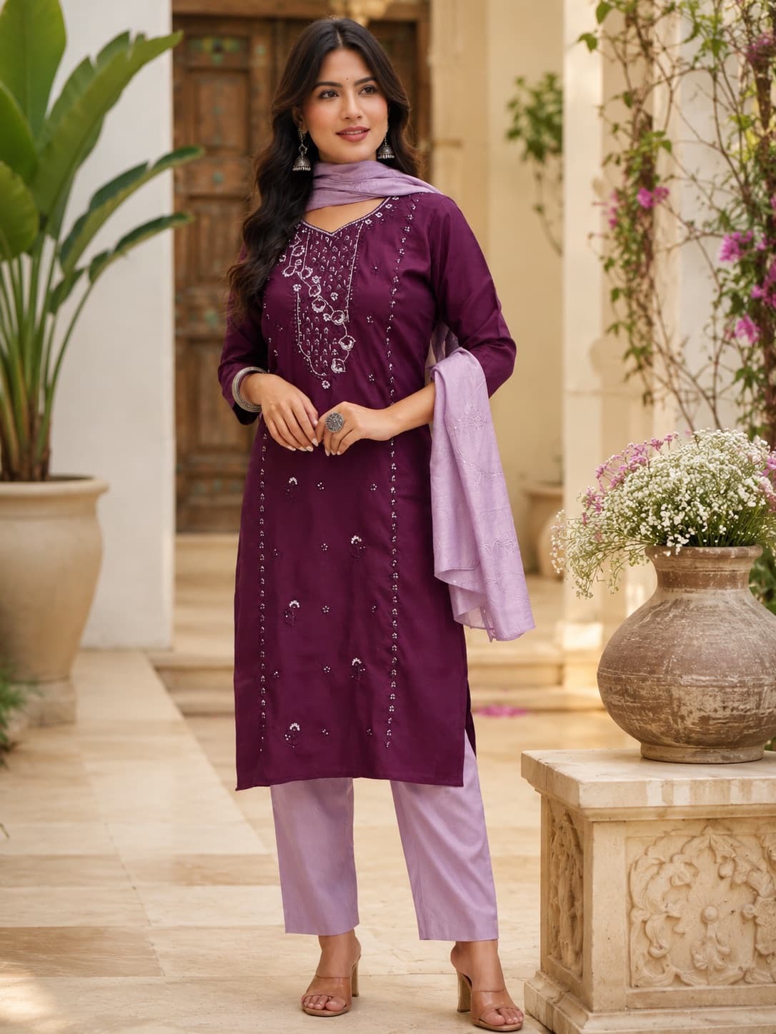 Purple With Lilac Pants (With Pocket) Kurti Set in Purple,Lilac, Cotton