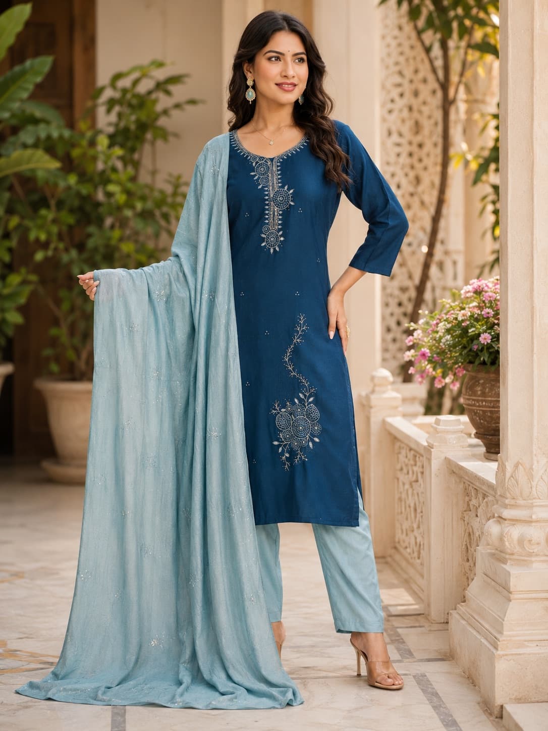 Teal Blue Kurti Set (With Pocket)
