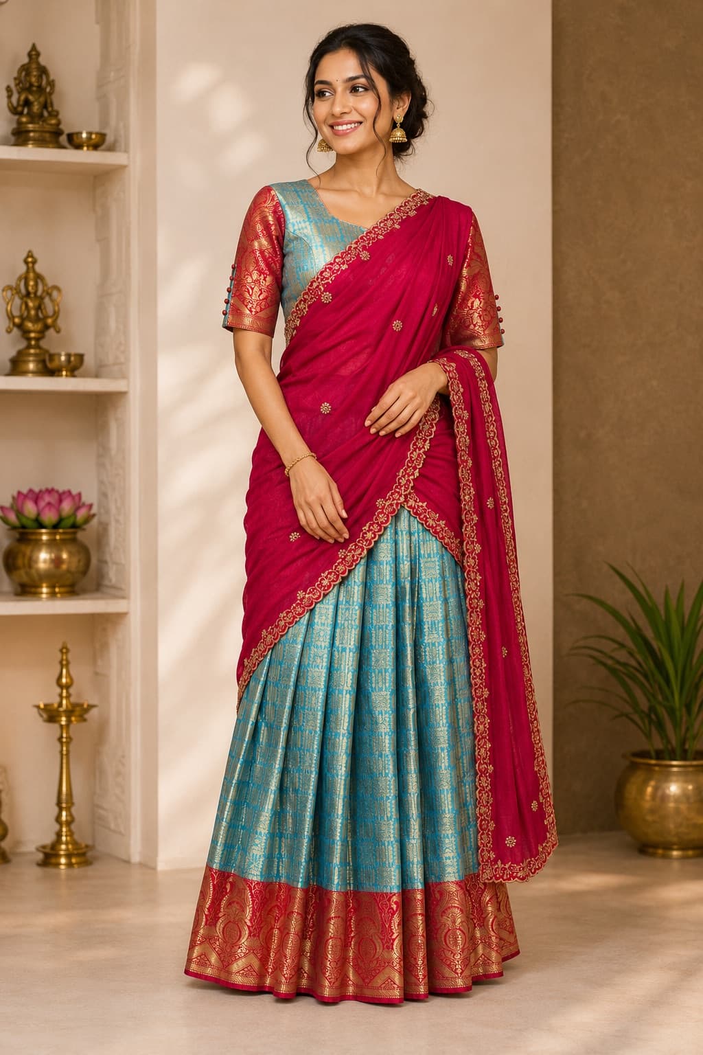 Red & Turquoise Blue Beautiful Ready-To-Wear Half Saree Set Crafted In Tissue Material, Featuring A Vibrant Turquoise And Red Combination With An Embroidered Dupatta. Perfect For Weddings And Celebrations in Red/ Turquoise Blue
