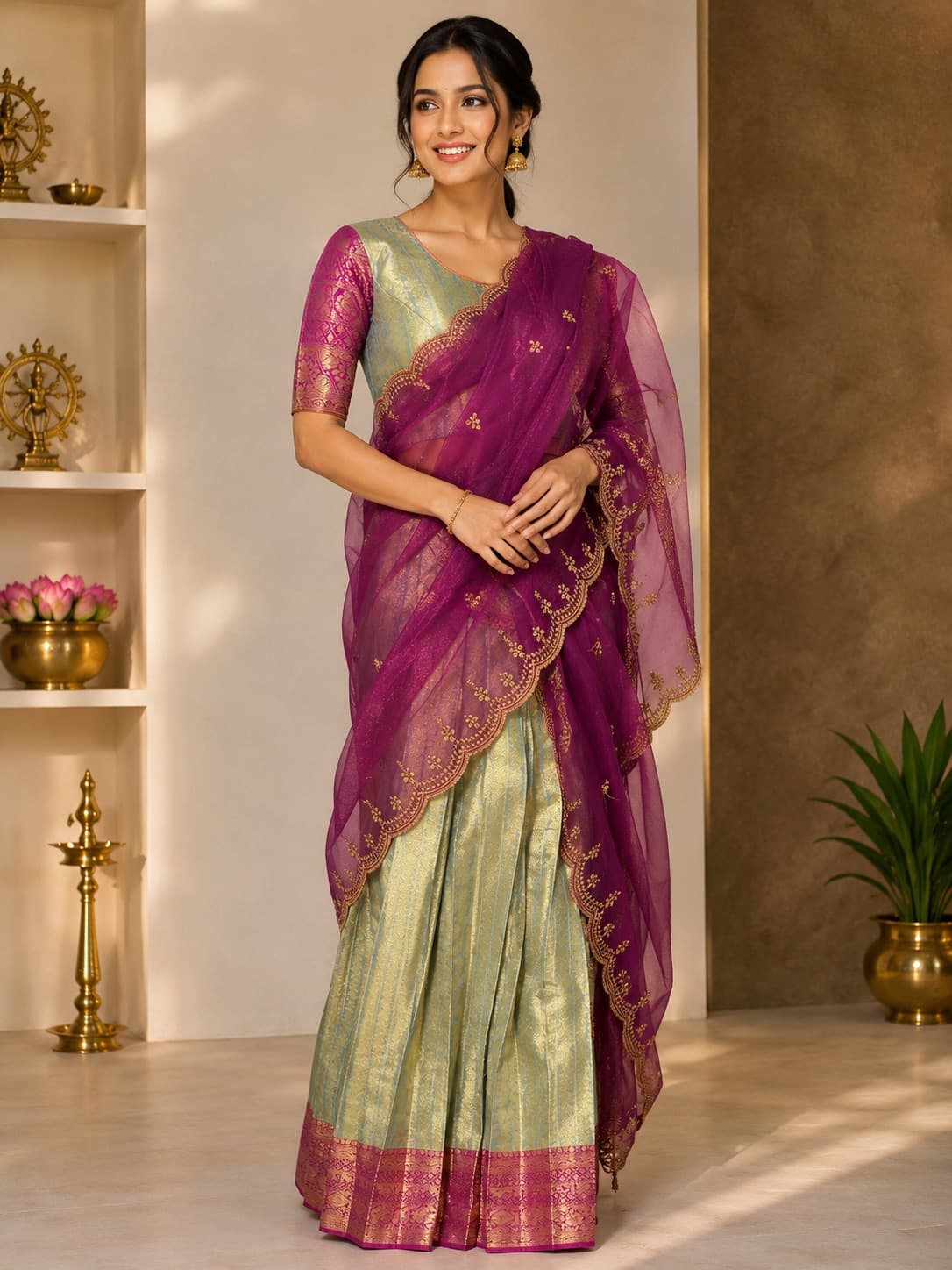 Purple & Mint Green Elegant Ready-To-Wear Half Saree Set Crafted In Beautiful Tissue Material, Paired With A Rich Purple Embroidered Dupatta And Matching Blouse. Perfect For Festive Occasions.