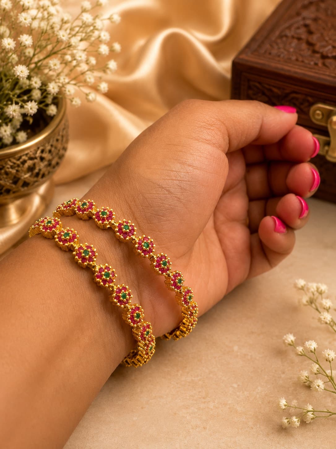 Ruby Emerald Stone Gold-Plated Bangles