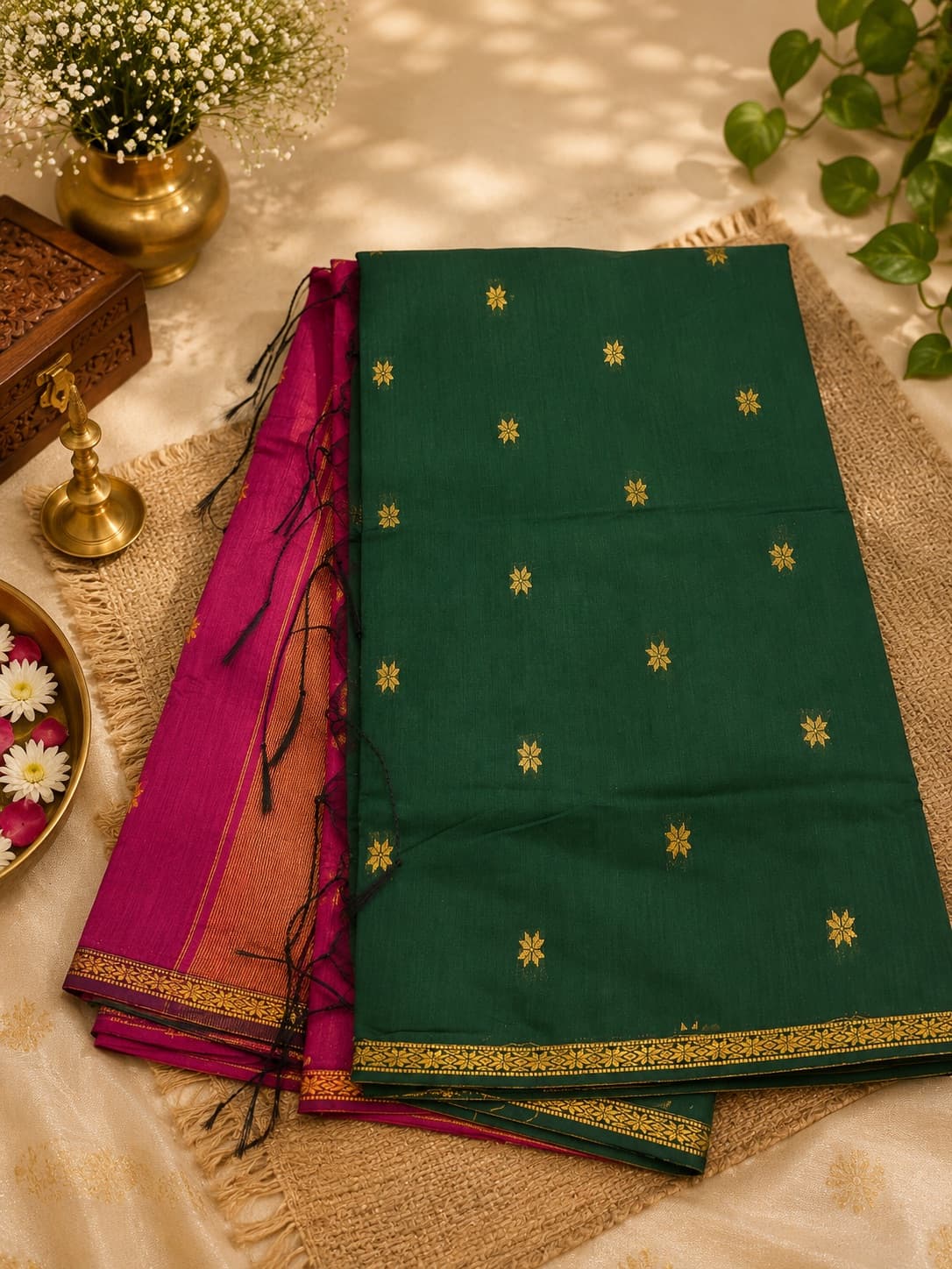 Green Kanchi Cotton Saree With Pink Border