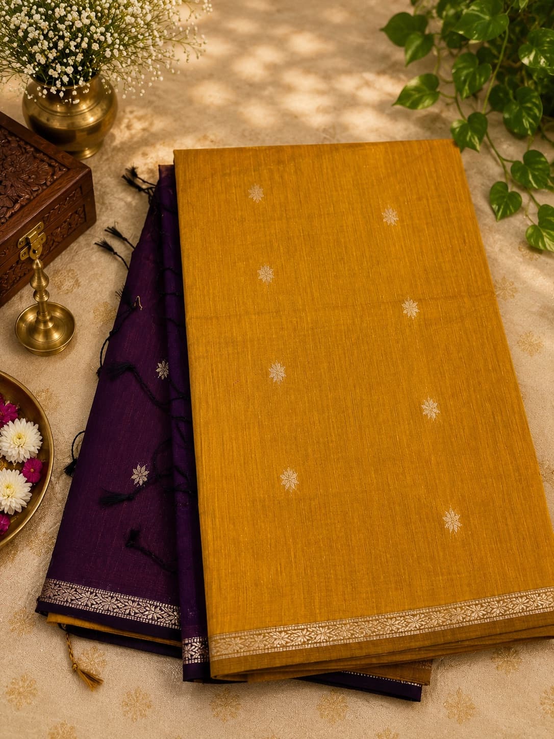 Mustard Yellow Cotton Saree in Mustard Yellow With Purple Pallu, Maheshwari Cotton