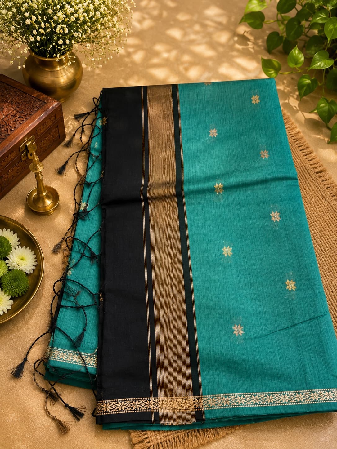 Turquoise And With Black Pallu Cotton Saree With Zari in Turquoise With Black Pallu, Maheshwari Cotton