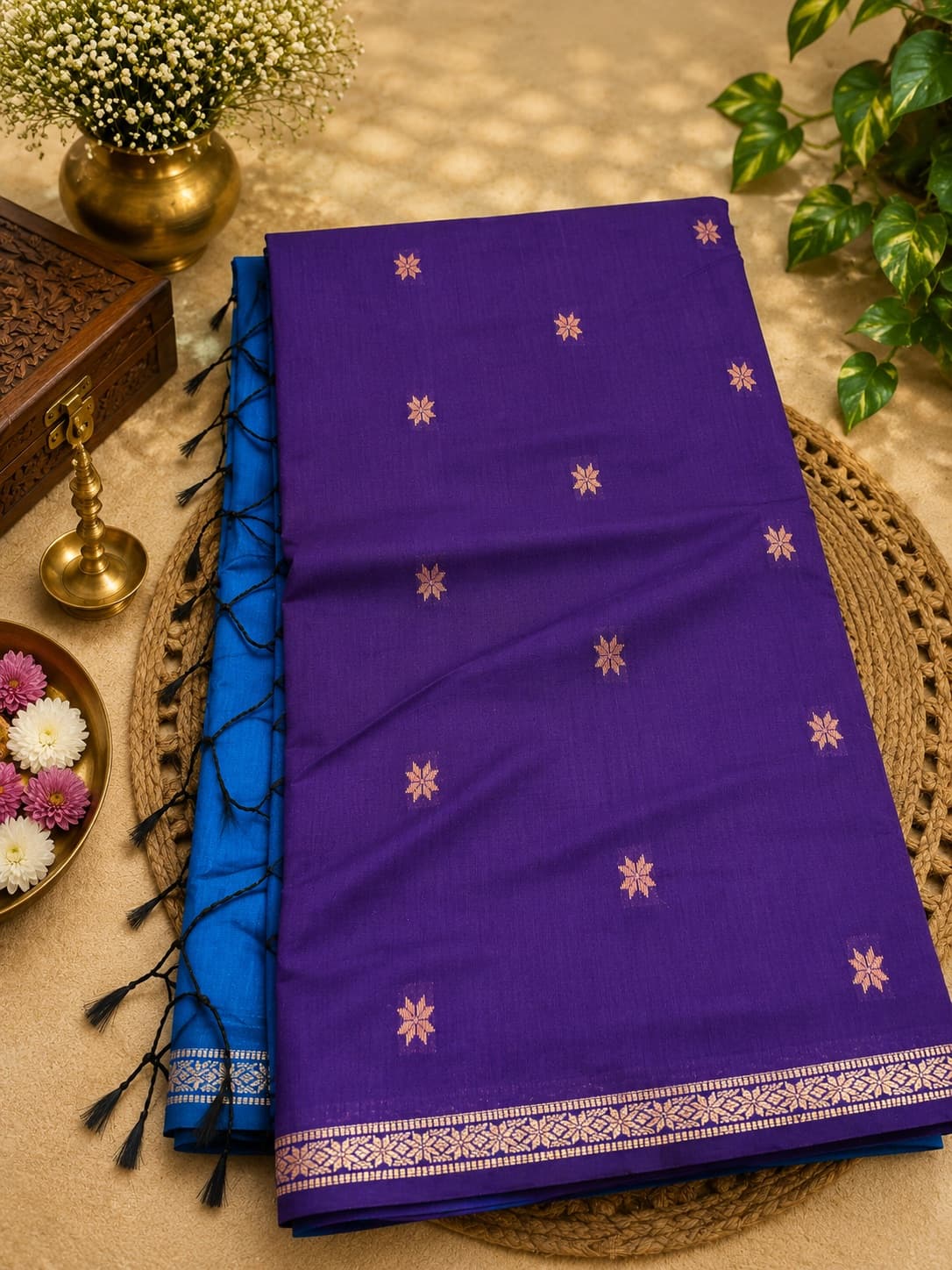 Vibrant Purple Cotton Saree With Blue Contrast