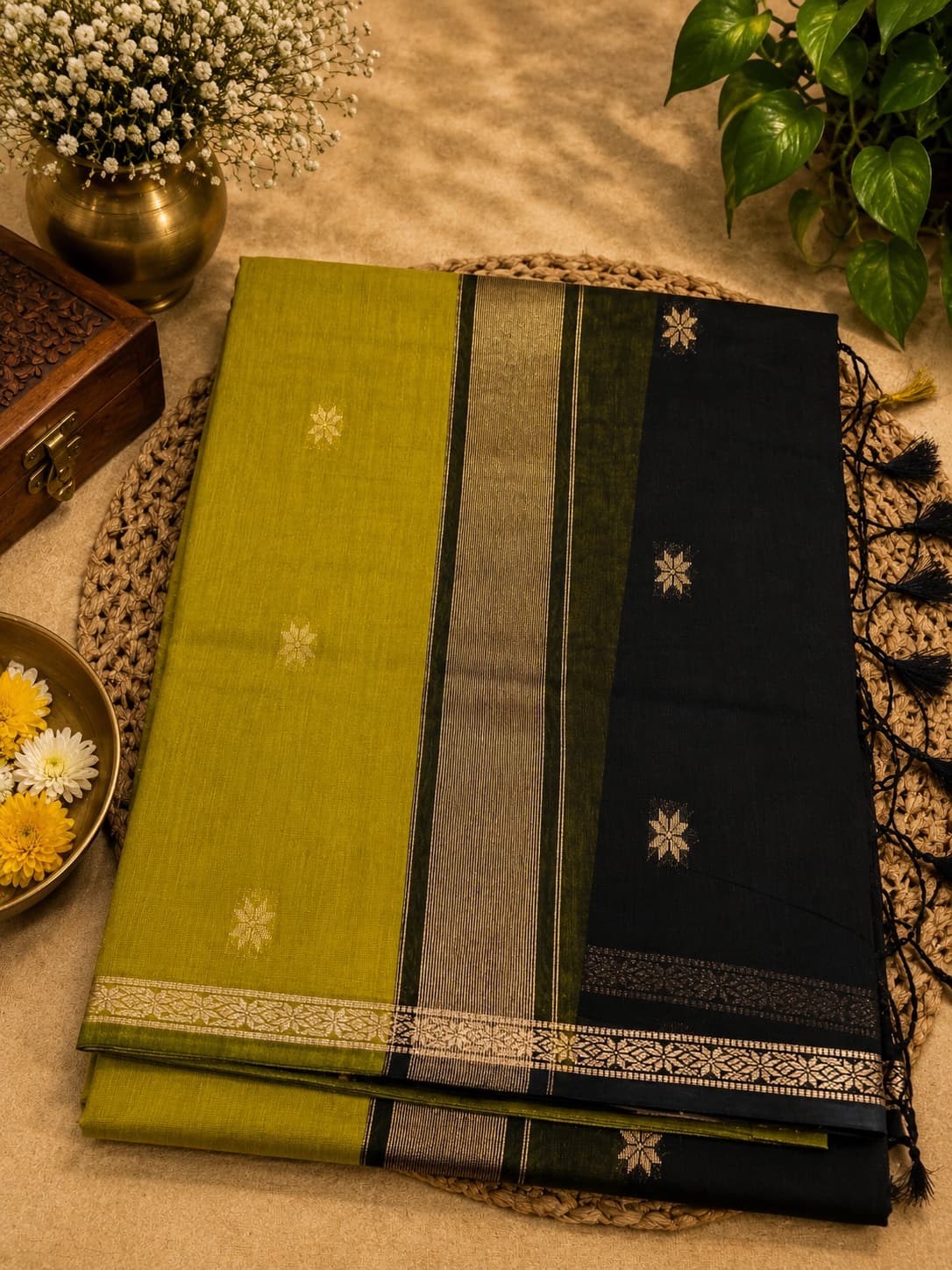 Lime Green Cotton Saree With Black Pallu And Gold Sari Motifs in Lime Green With Black Pallu, Maheshwari Cotton