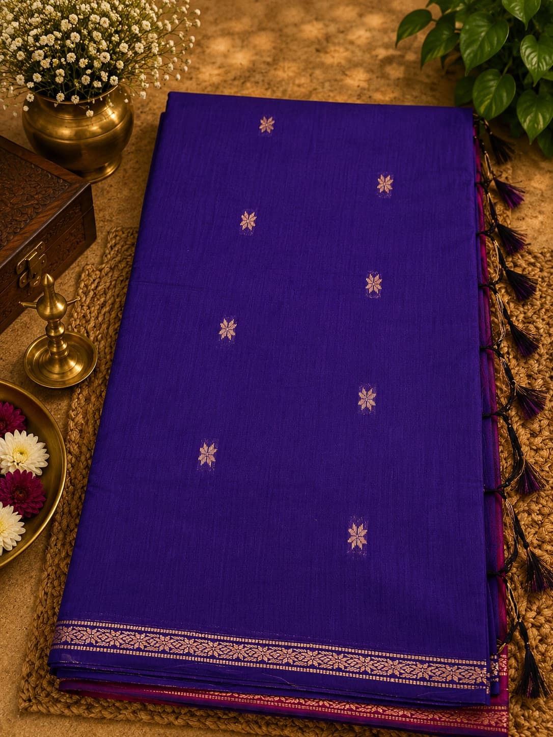Purple Cotton Saree With Zari Motifs in Purple With Pink Pallu, Maheshwari Cotton