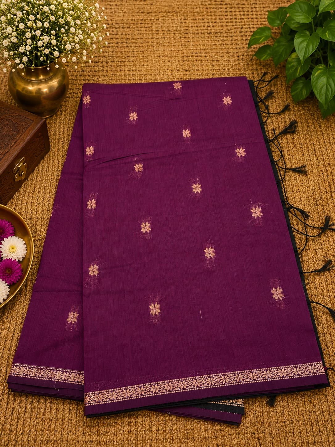 Purple Cotton Saree With Floral Motifs