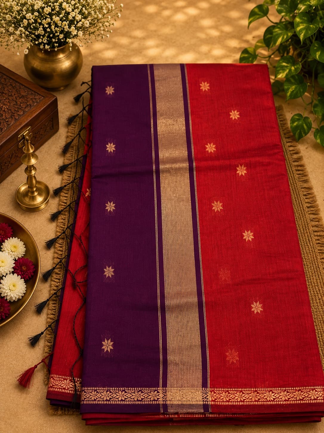 Red And Purple Traditional Saree in Red With Purple Pallu, Maheshwari Cotton