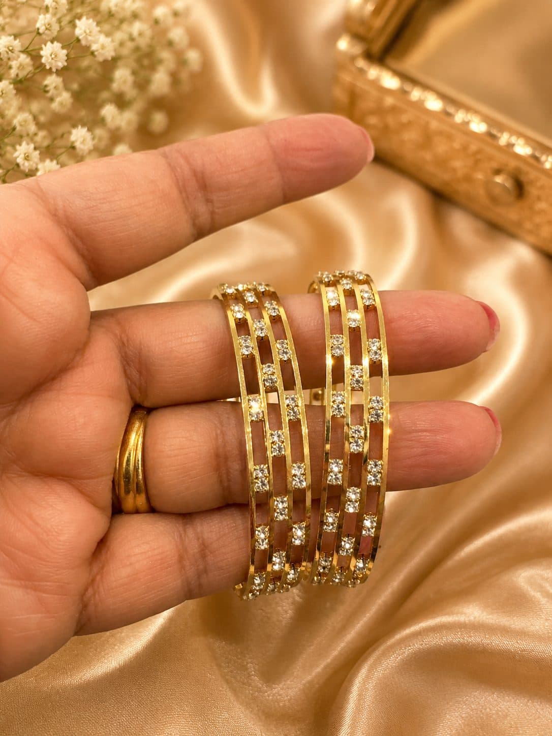 AD Micro Plated Gold Elegant Three-Line Stone Bangles Bangle Set