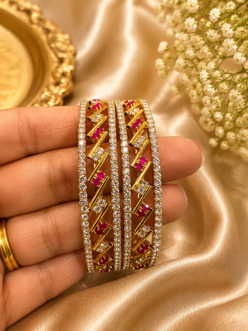 AD Micro Plated Gold Ruby & White Stone Zigzag Bangle Set