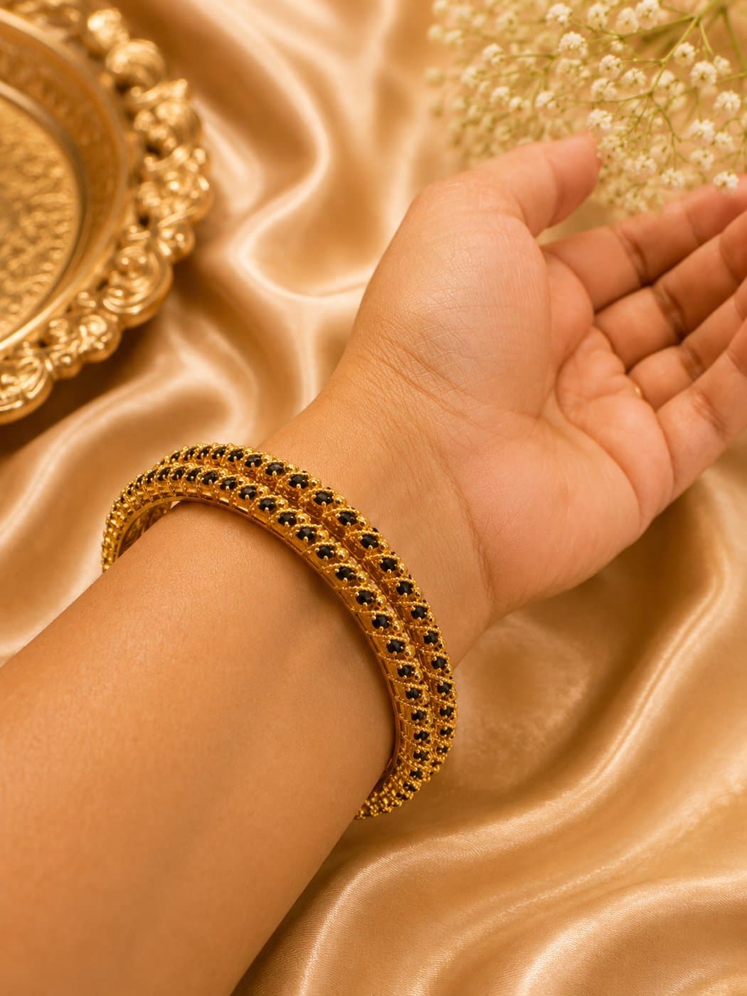AD Micro Plated Gold Black Stone Bangle Set