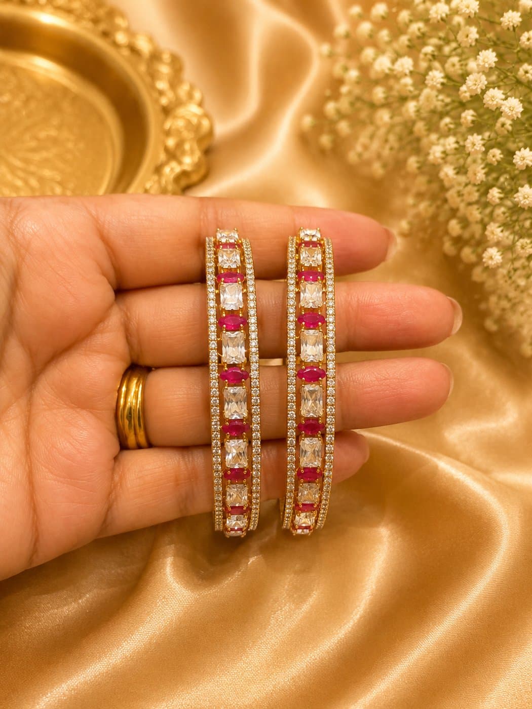 AD Micro Plated Gold Ruby & White Emerald-Cut Stone Bangle Set
