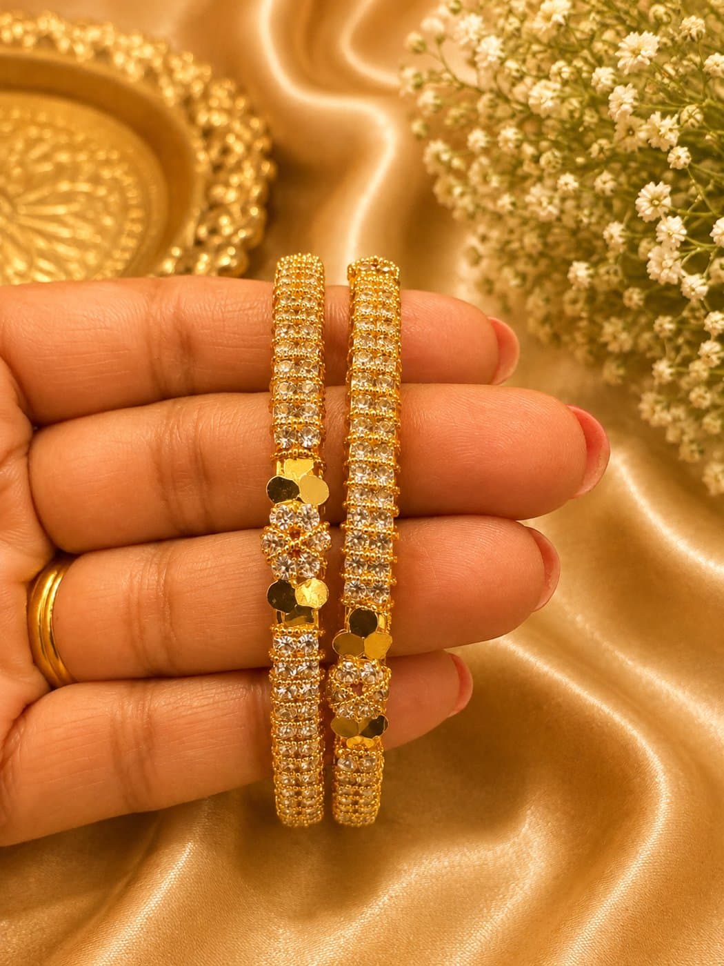 AD Micro Plated Gold White Stone Floral Bangle Set