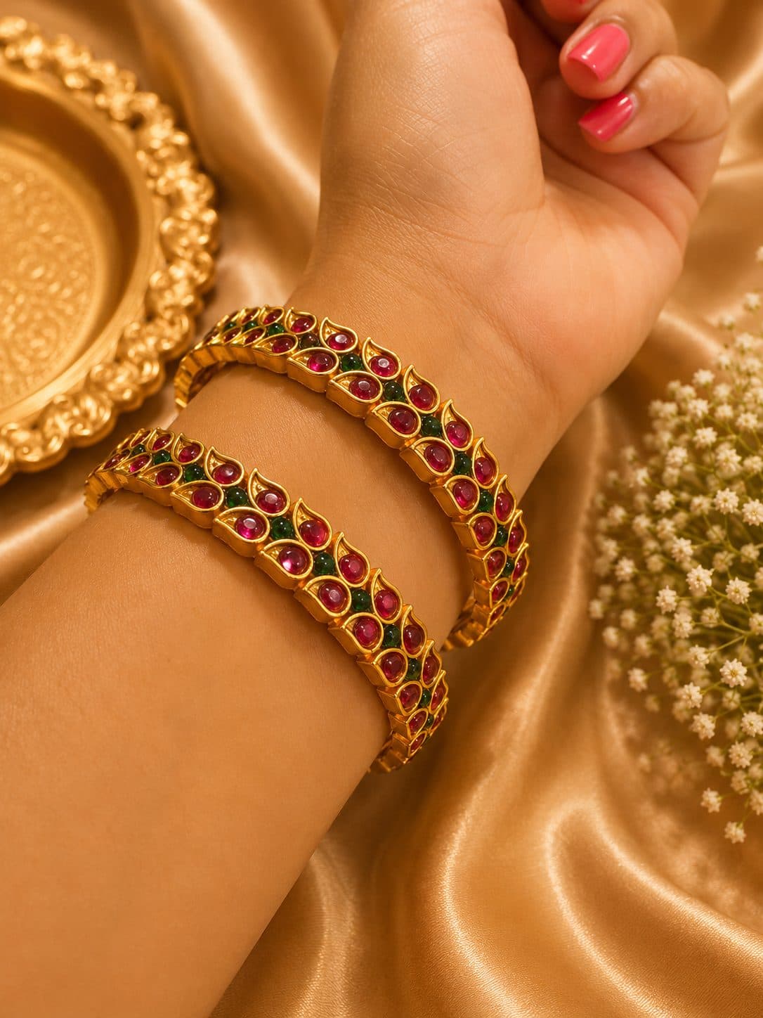 AD Micro Plated Gold Green And Pink Pearl Bangle Set