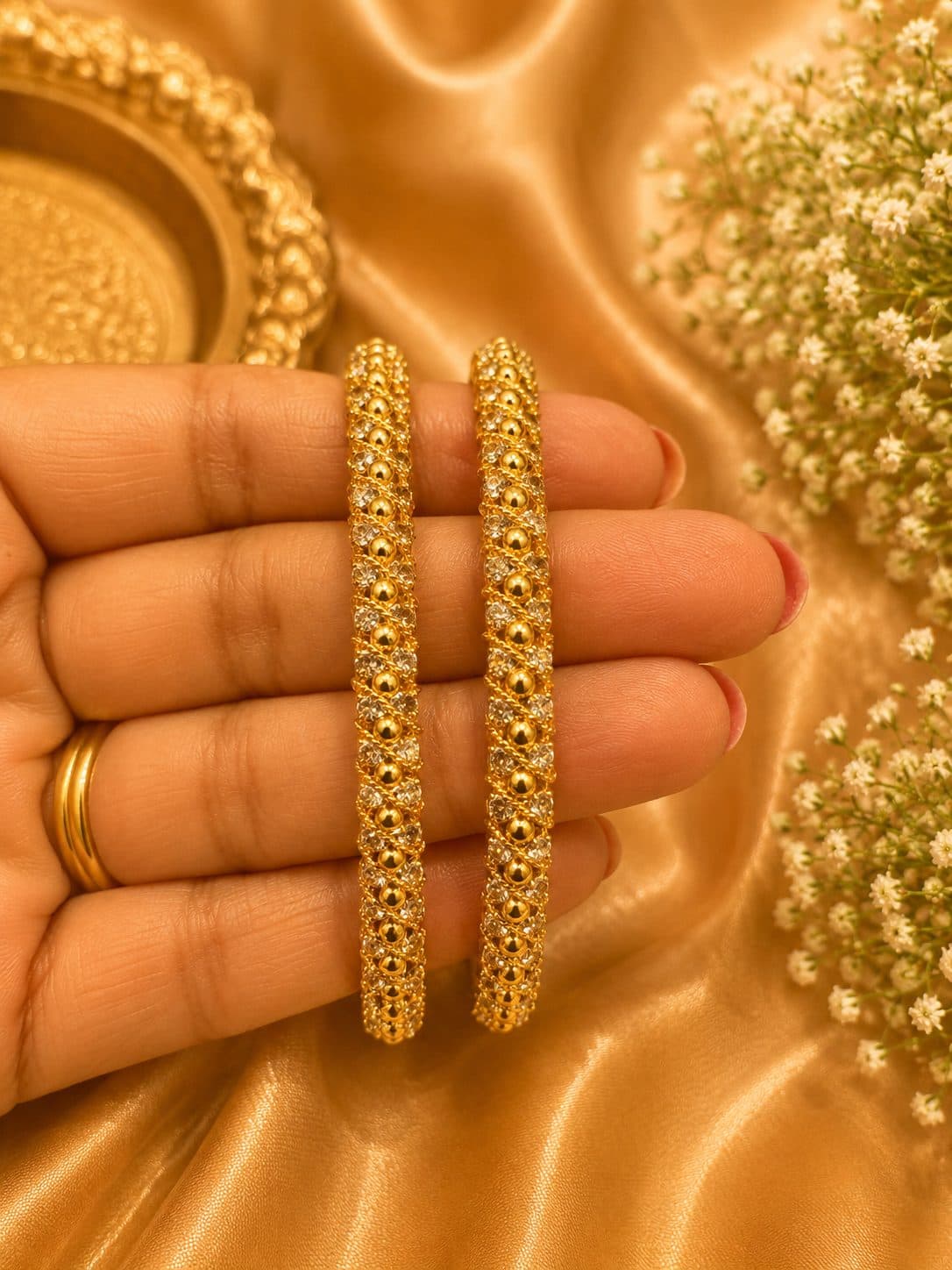 AD Micro Plated Gold White Stone Bangle Set