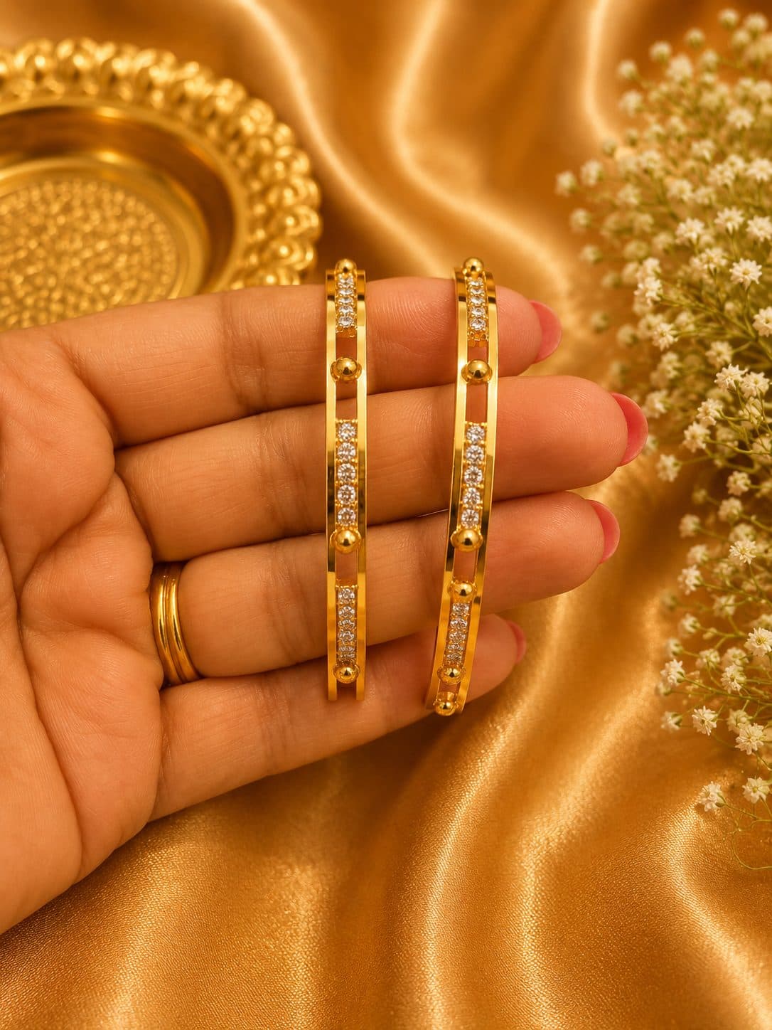 Micro Plated Gold White Stone Bangle Set (2 Layer)